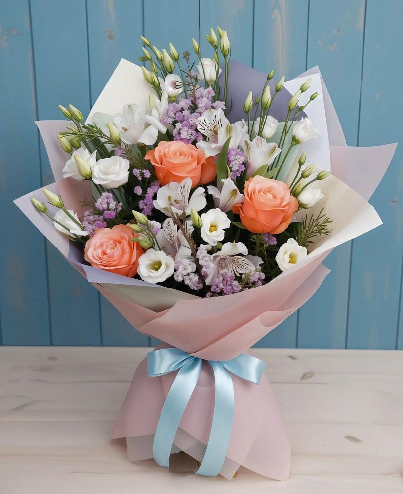 Букет цветов из: Лизиантусы, Розы, Альстромерии и Гипсофила в Побегайловке