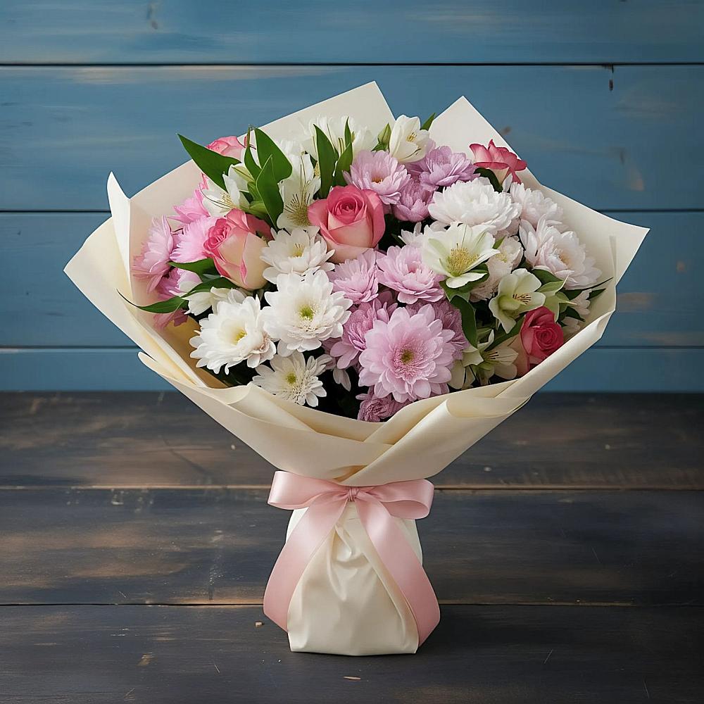 Букет цветов из: Хризантемы, Альстромерии и Розы в Побегайловке